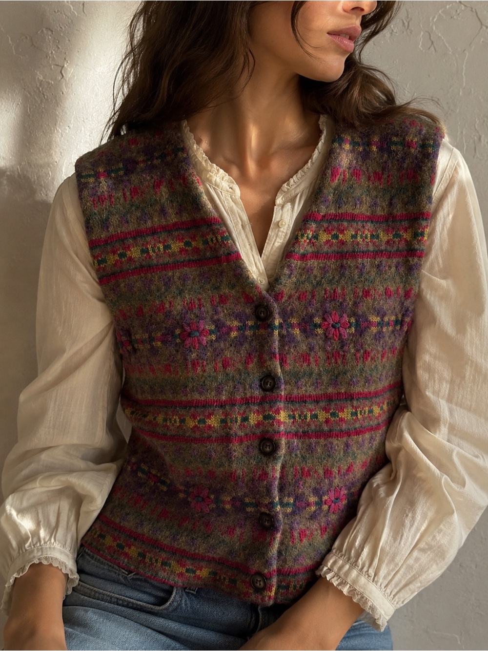 Vintage Wool Blend Fair Isle Floral Sweater Vest Cottagecore Folk Earthy
